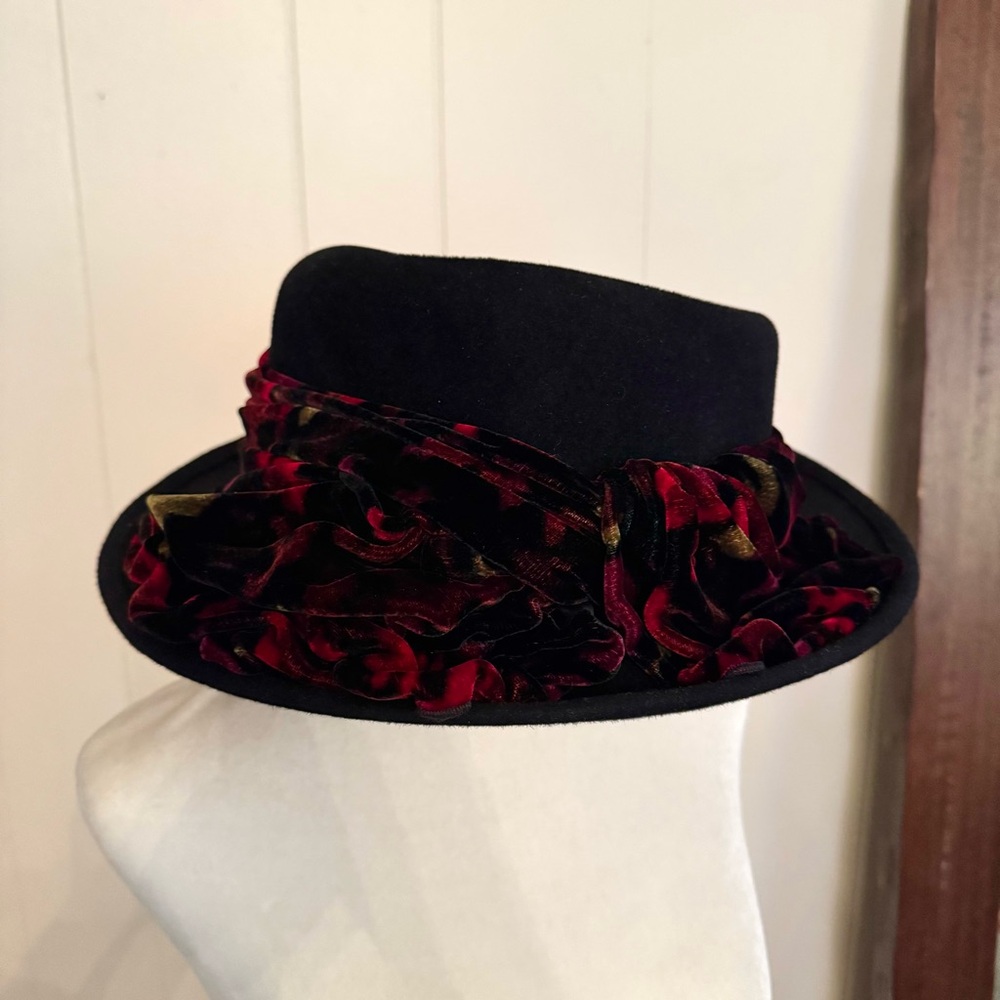 Vintage Black Wool Hat | Velvet Red Floral Scarf by Louise Green